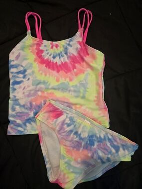 Place Girls' Neon Tie-Dye Tankini Top - Pink, Blue, Yellow, Green